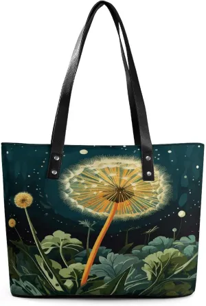 Leather Lady's Handbag,Dandelions at Night Print Work Handbags,Tote Bags for Women,Shoulder Hobo Handbags,Casual Tote Bag