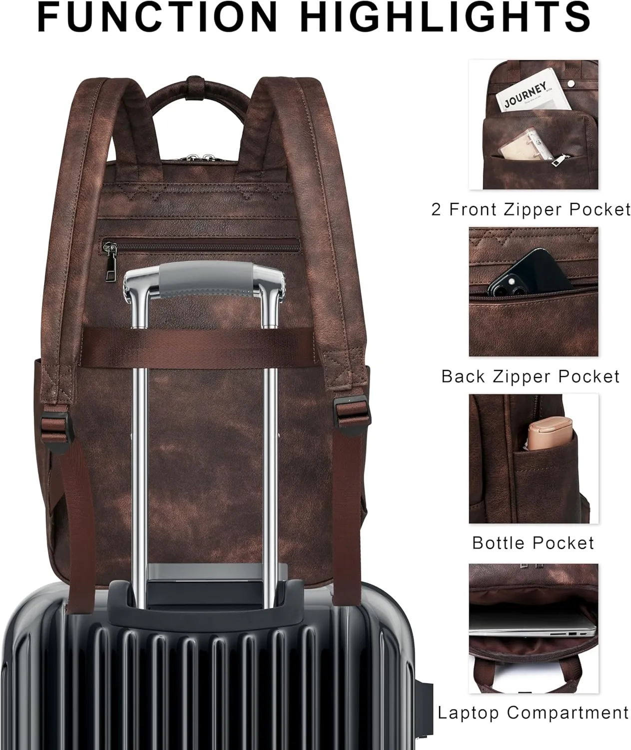 Leather Laptop Backpack for Women 15.6 Inch Work Travel Backpack Fashion College Business Computer Bag (Brown)