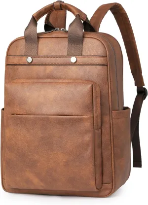 Leather Laptop Backpack for Women 15.6 Inch Work Travel Backpack Fashion College Business Computer Bag (Brown)