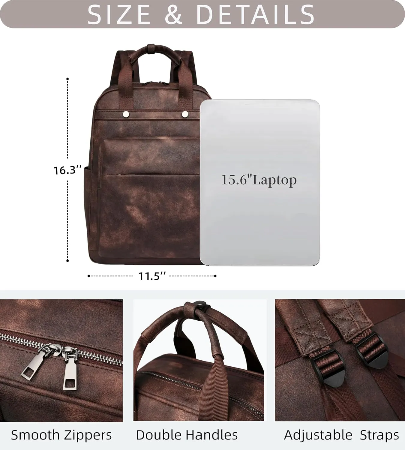 Leather Laptop Backpack for Women 15.6 Inch Work Travel Backpack Fashion College Business Computer Bag (Brown)