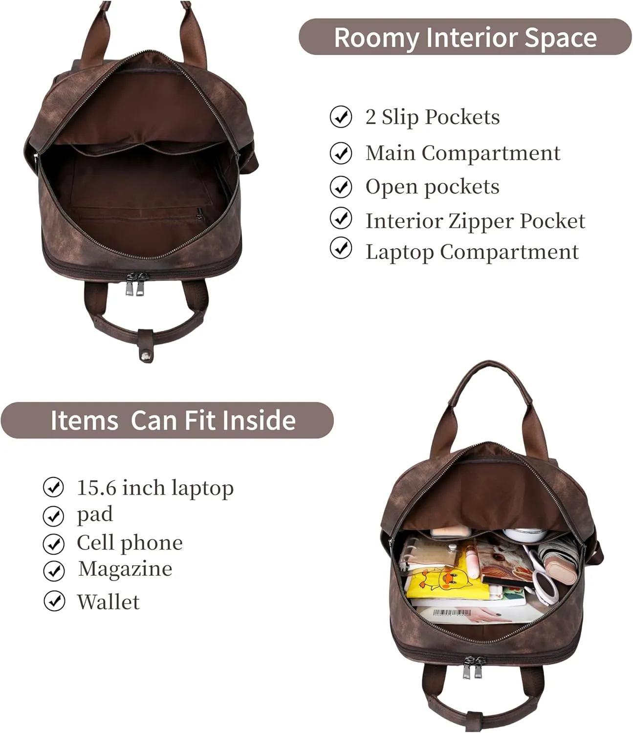 Leather Laptop Backpack for Women 15.6 Inch Work Travel Backpack Fashion College Business Computer Bag (Brown)