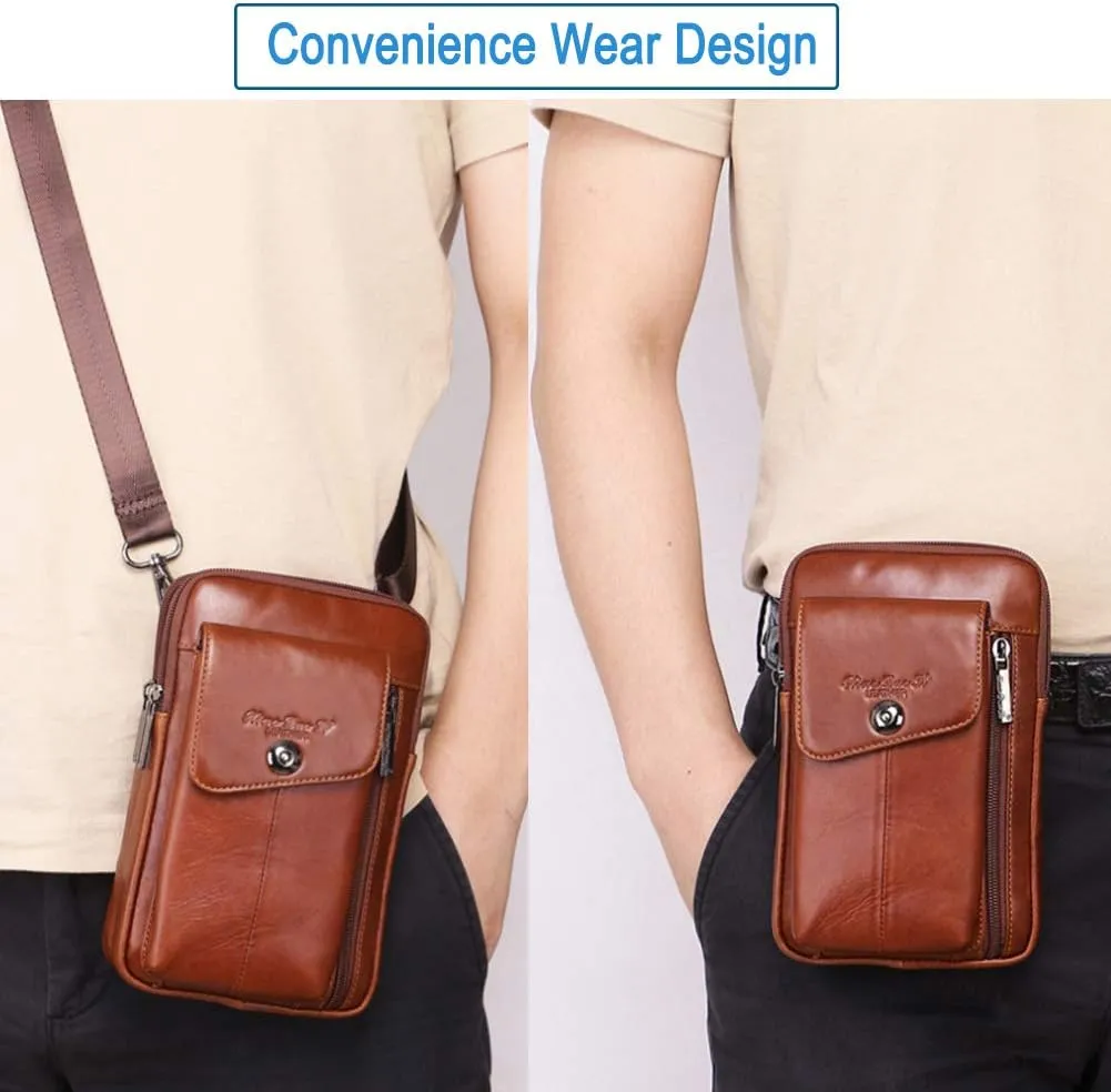Leather Shoulder Crossbody Bag Belt Pouch For iPhone 14 13 12 11 Pro X Xs 8 7 Plus 6 6S Galaxy S20 S10 S9 S8 Side Fanny Pack Under 7.0" inch Style2-Brown