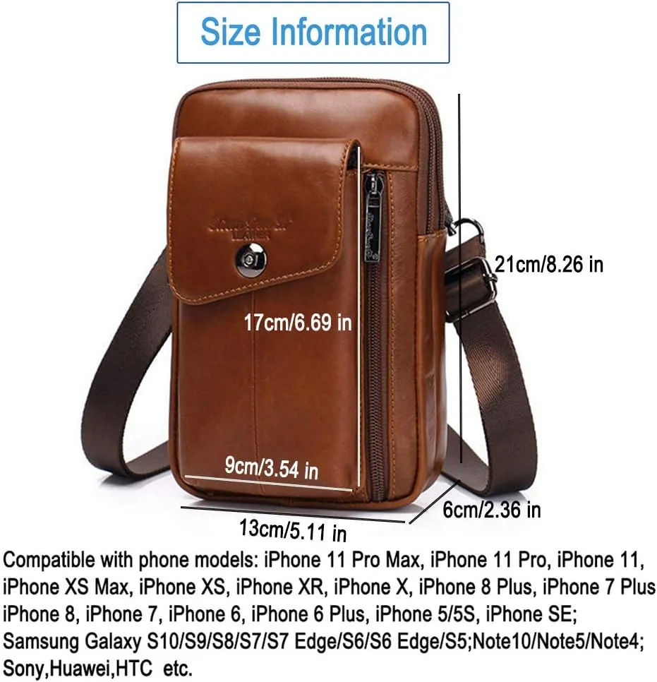 Leather Shoulder Crossbody Bag Belt Pouch For iPhone 14 13 12 11 Pro X Xs 8 7 Plus 6 6S Galaxy S20 S10 S9 S8 Side Fanny Pack Under 7.0" inch Style2-Brown
