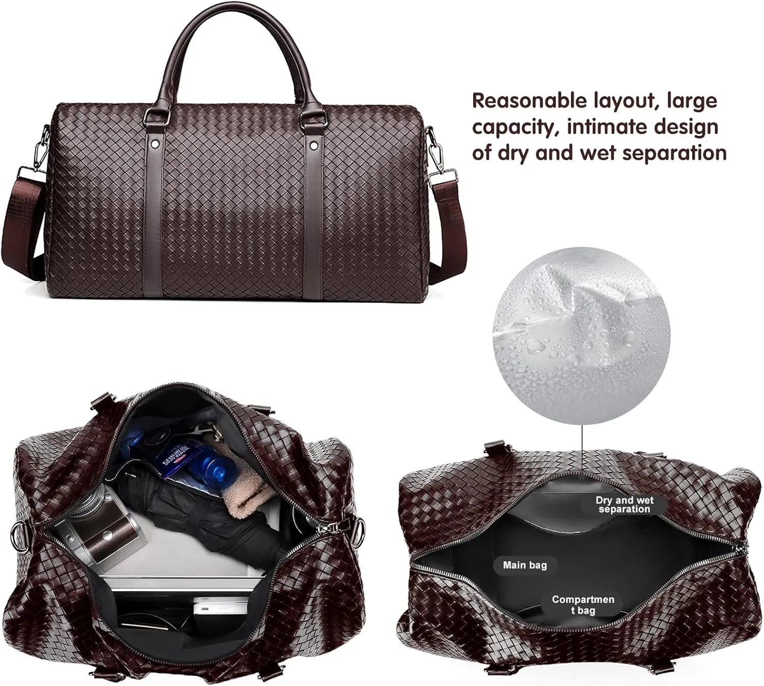 Leather Travel Duffle Bag for Men, Woven Carry On Weekender Overnight Bags for Business Sports Gym