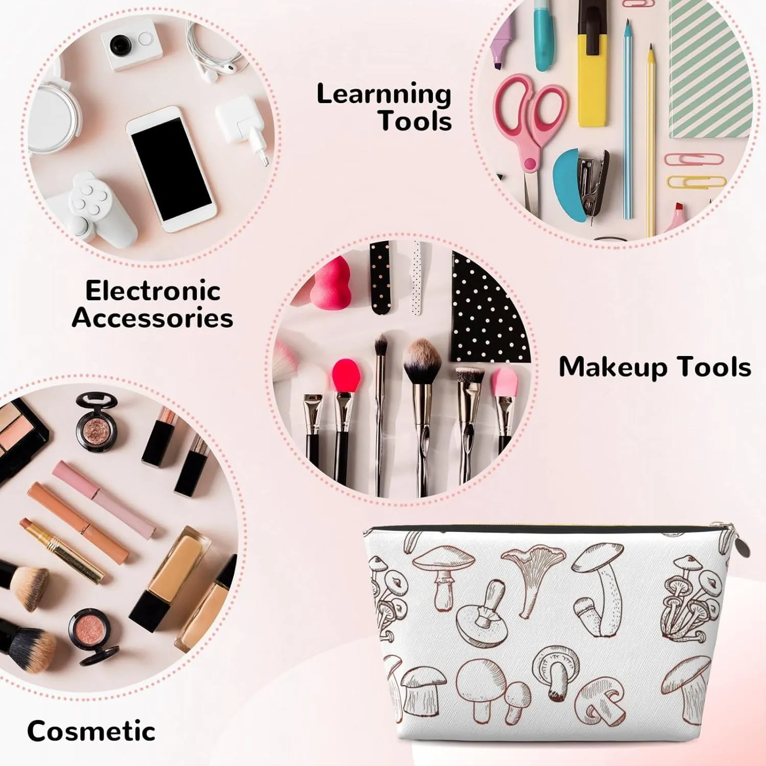 Leather Travel Toiletry Makeup Bag Zipper Makeup Pouch Travel Essentials Portable Cosmetic Bag Organiser Suitable Business Trip for Woman Man A Little Mushroom