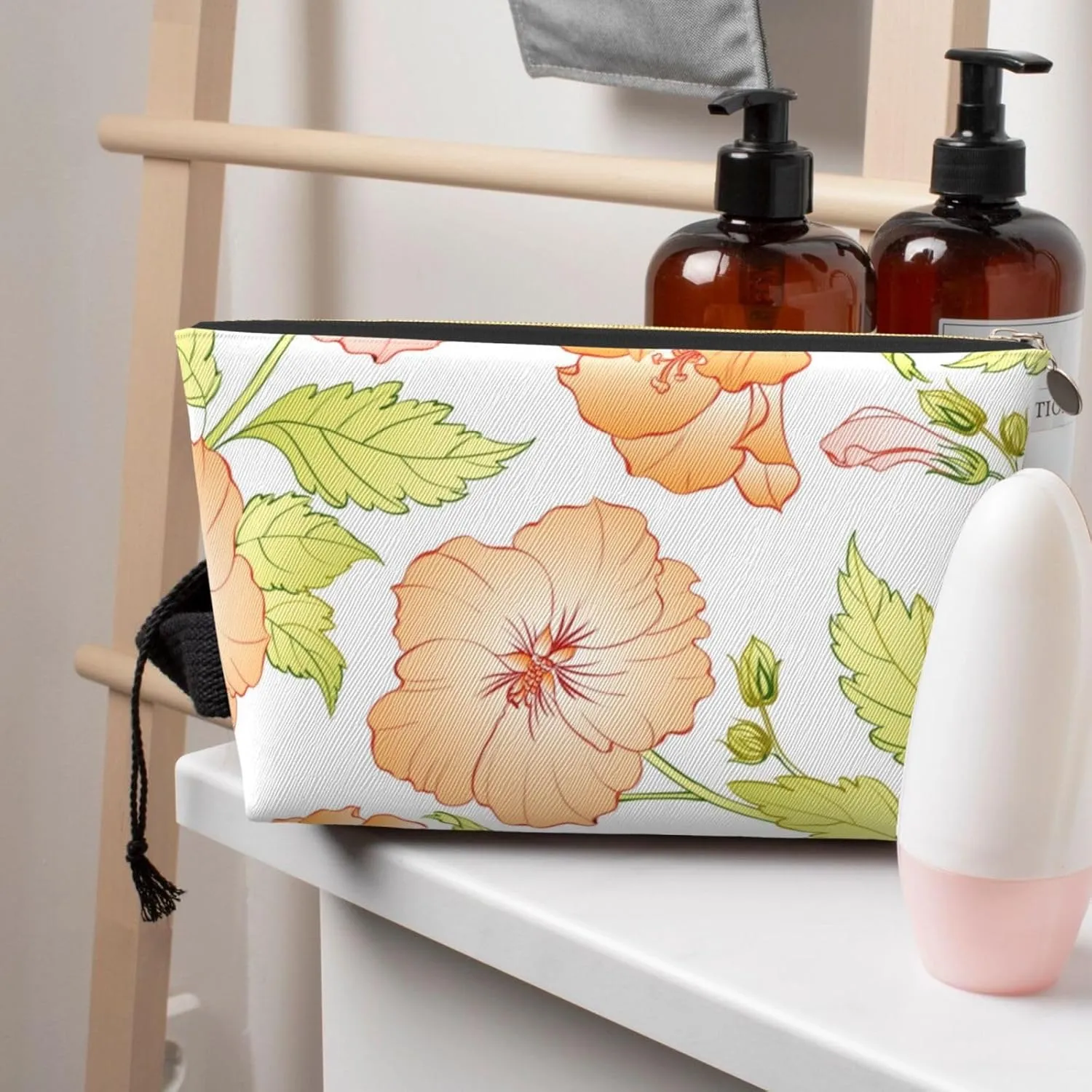 Leather Travel Toiletry Makeup Bag Zipper Makeup Pouch Travel Essentials Portable Cosmetic Bag Organiser Suitable Business Trip for Woman Man Beautiful Cute Flower