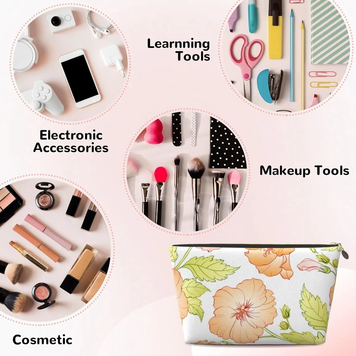 Leather Travel Toiletry Makeup Bag Zipper Makeup Pouch Travel Essentials Portable Cosmetic Bag Organiser Suitable Business Trip for Woman Man Beautiful Cute Flower