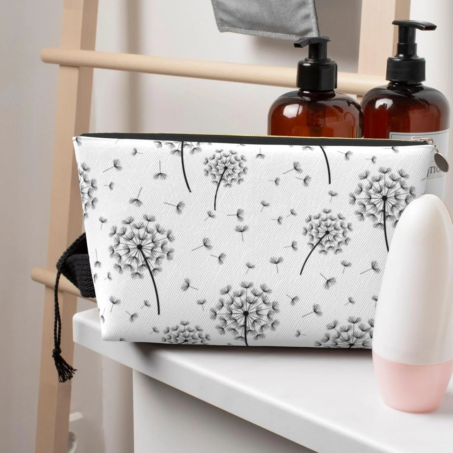 Leather Travel Toiletry Makeup Bag Zipper Makeup Pouch Travel Essentials Portable Cosmetic Bag Organiser Suitable Business Trip for Woman Man Beautiful Dandelion