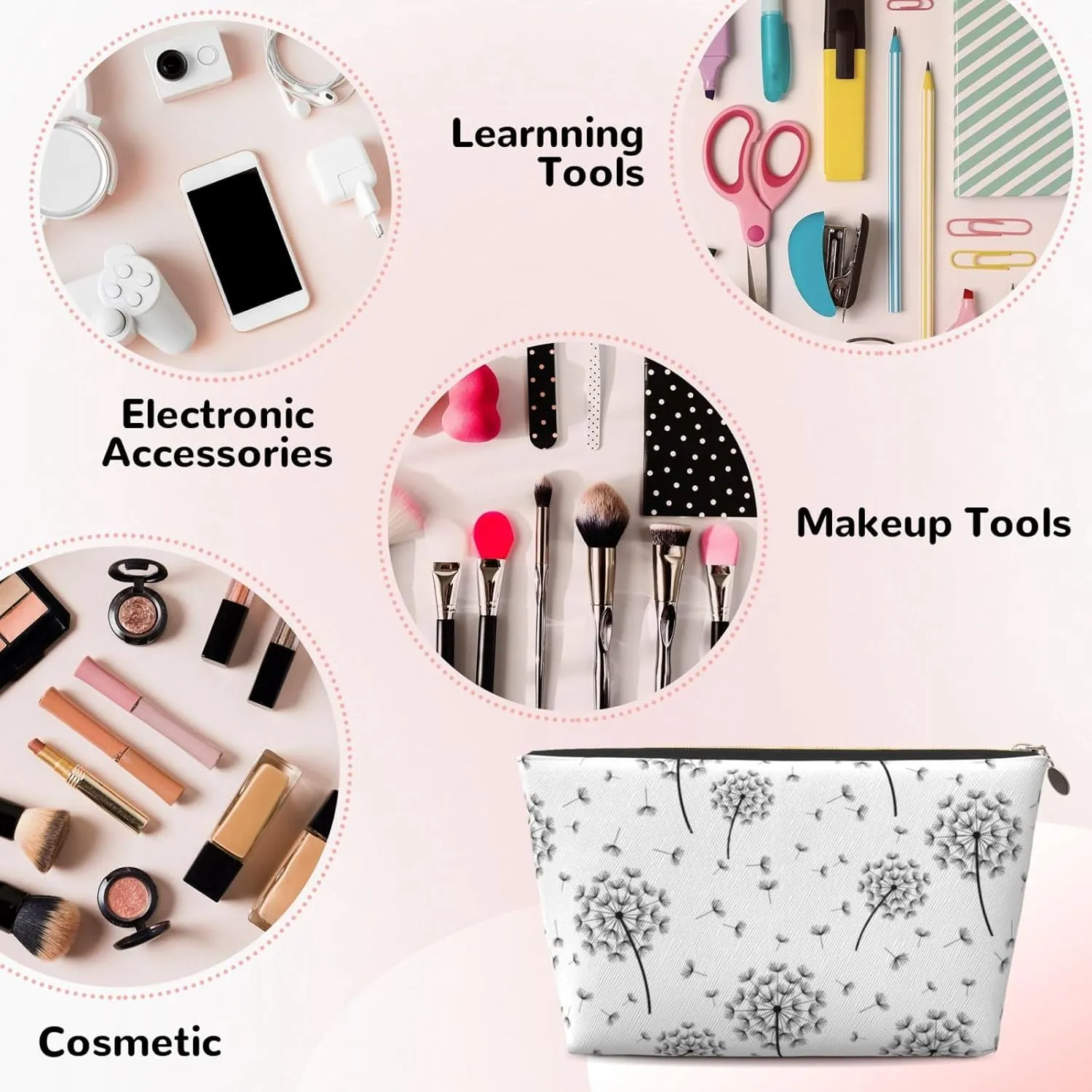 Leather Travel Toiletry Makeup Bag Zipper Makeup Pouch Travel Essentials Portable Cosmetic Bag Organiser Suitable Business Trip for Woman Man Beautiful Dandelion