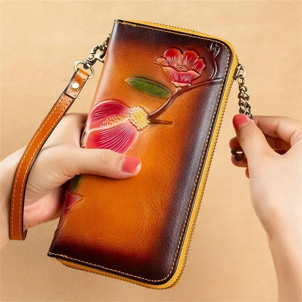 Leather Wallet Leather Women's Wallet Fashion Retro Long Purse Clutch Suitable for Women's Portable Large Capacity Coin Pocket Large Capacity (B,19 X 2 X 10cm)