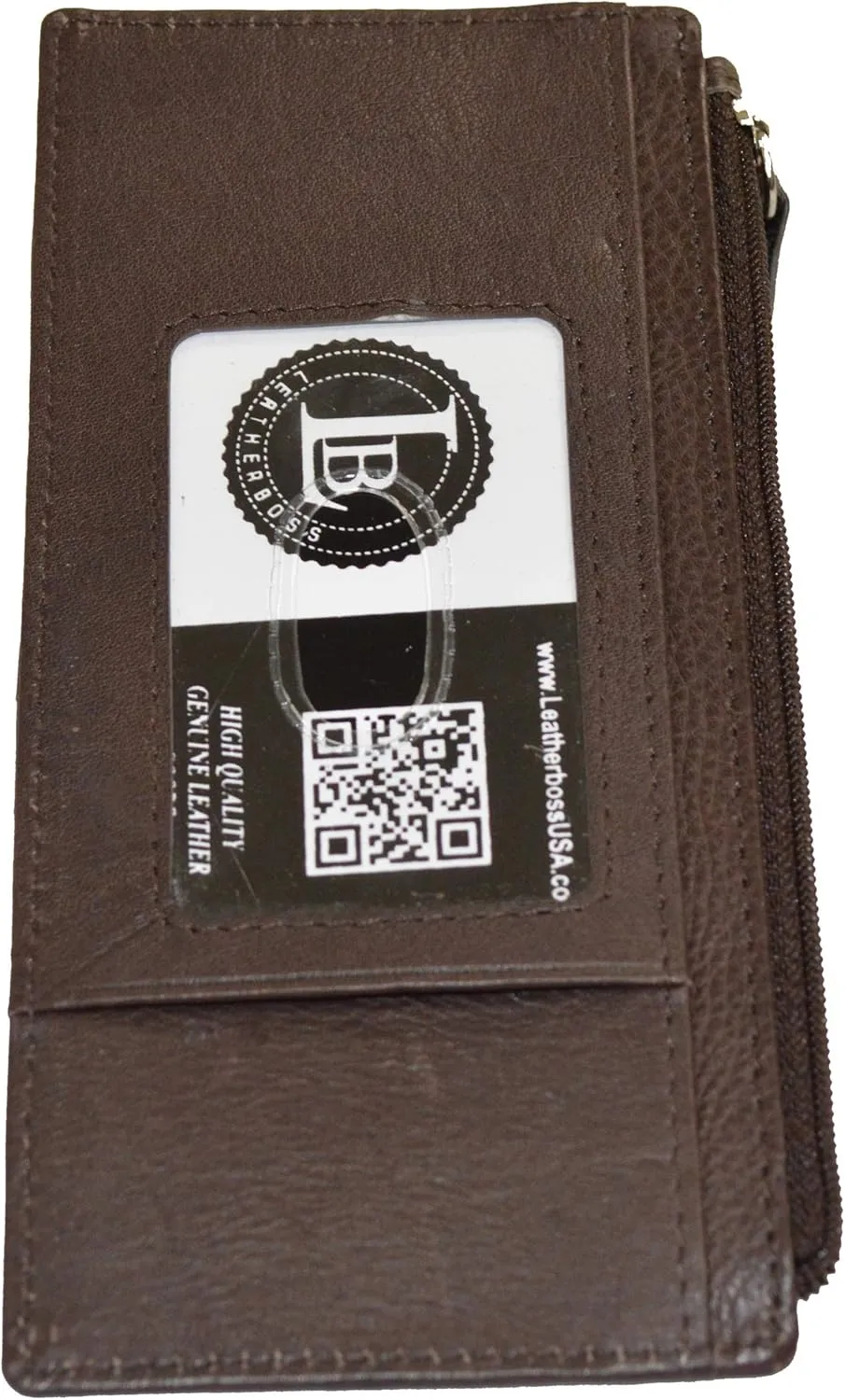 Leatherboss Genuine Leather Women's All in One Credit Business Card Case Holder Slim Zipper Wallet With a Card Protection Strap, Brown