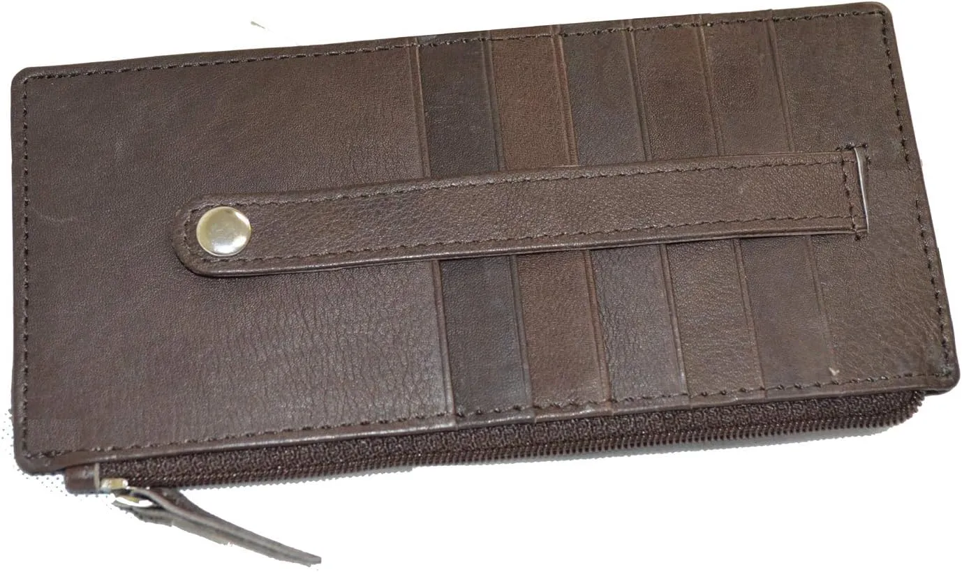 Leatherboss Genuine Leather Women's All in One Credit Business Card Case Holder Slim Zipper Wallet With a Card Protection Strap, Brown