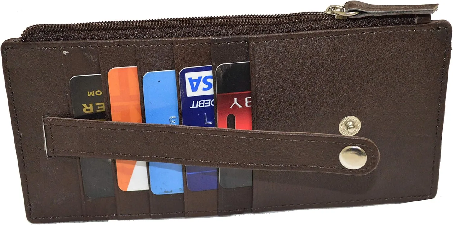Leatherboss Genuine Leather Women's All in One Credit Business Card Case Holder Slim Zipper Wallet With a Card Protection Strap, Brown