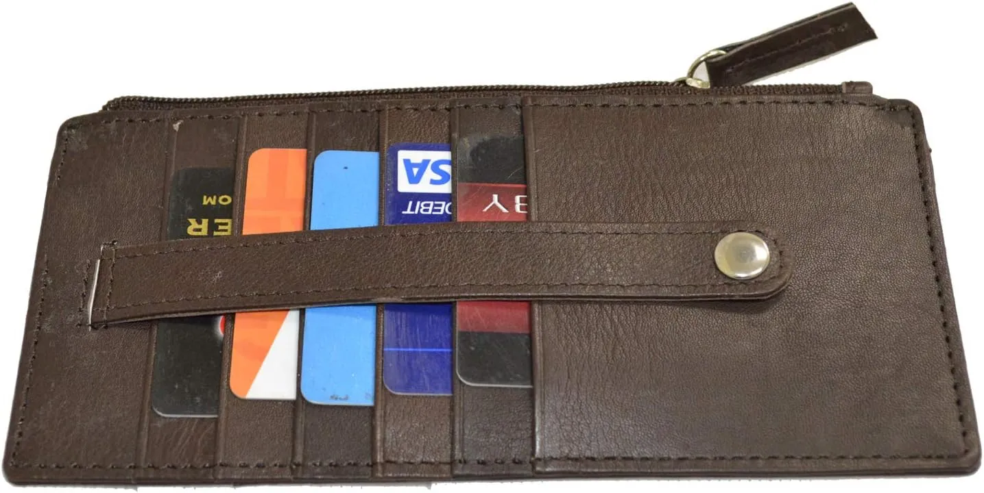 Leatherboss Genuine Leather Women's All in One Credit Business Card Case Holder Slim Zipper Wallet With a Card Protection Strap, Brown