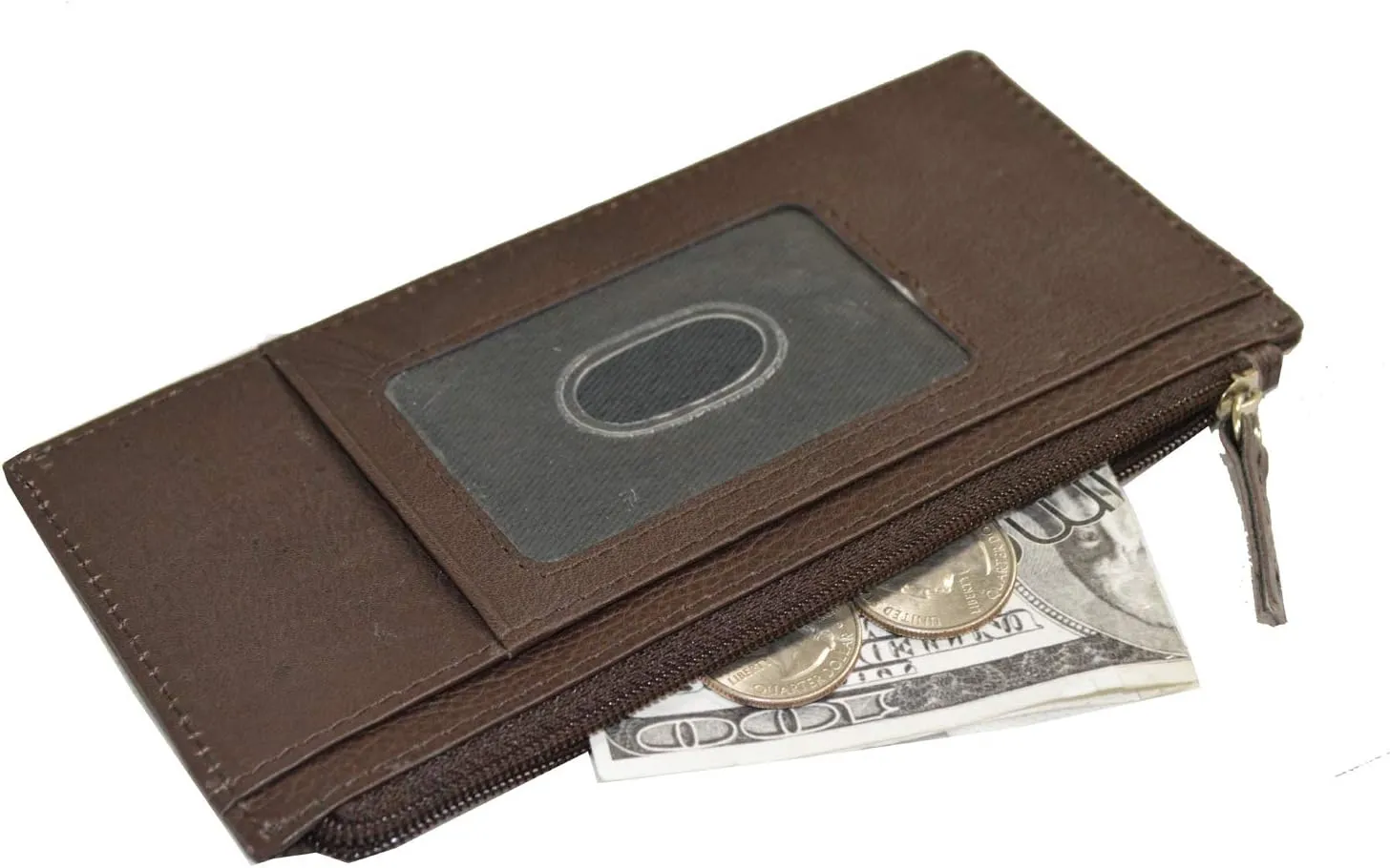 Leatherboss Genuine Leather Women's All in One Credit Business Card Case Holder Slim Zipper Wallet With a Card Protection Strap, Brown