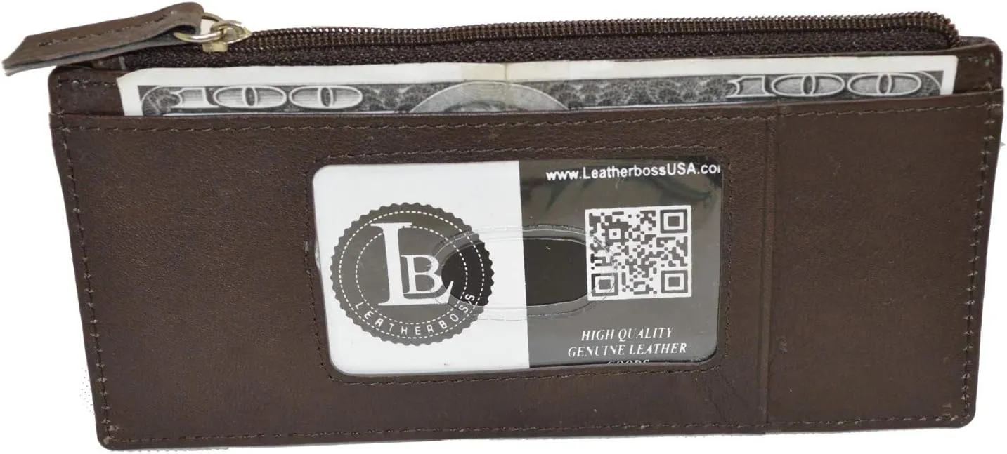Leatherboss Genuine Leather Women's All in One Credit Business Card Case Holder Slim Zipper Wallet With a Card Protection Strap, Brown