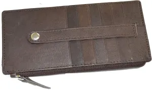 Leatherboss Genuine Leather Women's All in One Credit Business Card Case Holder Slim Zipper Wallet With a Card Protection Strap, Brown