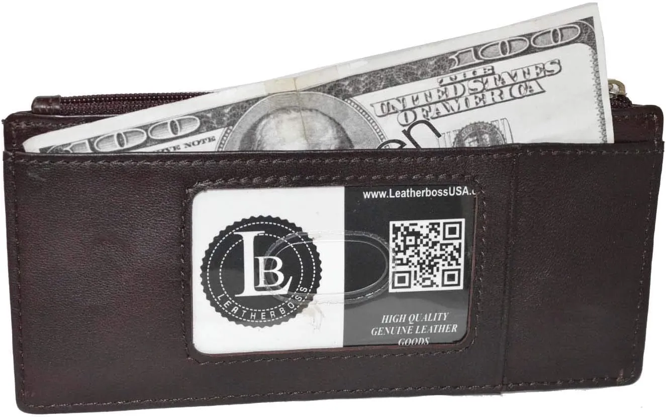 Leatherboss Genuine Leather Women's All in One Credit Business Card Case Holder Slim Zipper Wallet With a Card Protection Strap, Wine