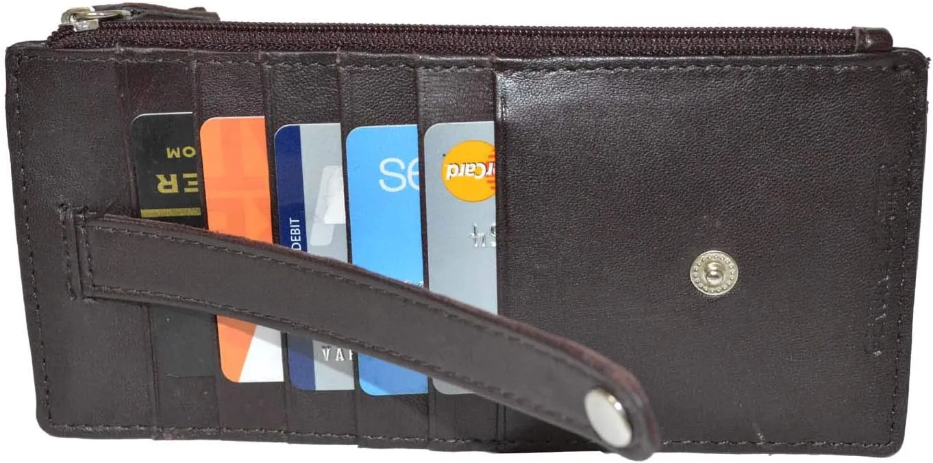 Leatherboss Genuine Leather Women's All in One Credit Business Card Case Holder Slim Zipper Wallet With a Card Protection Strap, Wine
