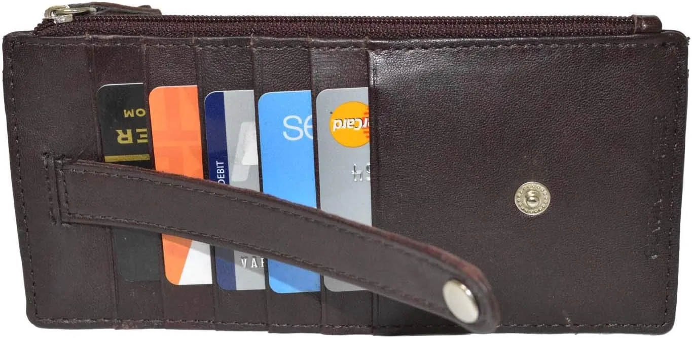 Leatherboss Genuine Leather Women's All in One Credit Business Card Case Holder Slim Zipper Wallet With a Card Protection Strap, Wine