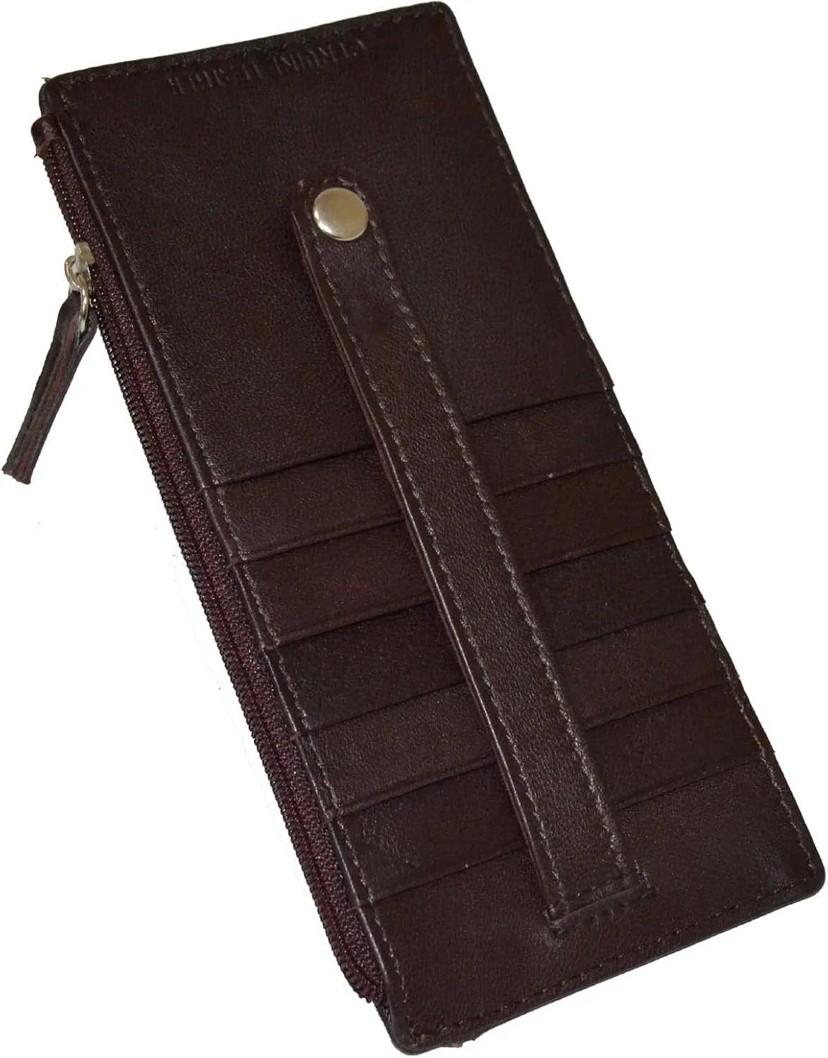 Leatherboss Genuine Leather Women's All in One Credit Business Card Case Holder Slim Zipper Wallet With a Card Protection Strap, Wine