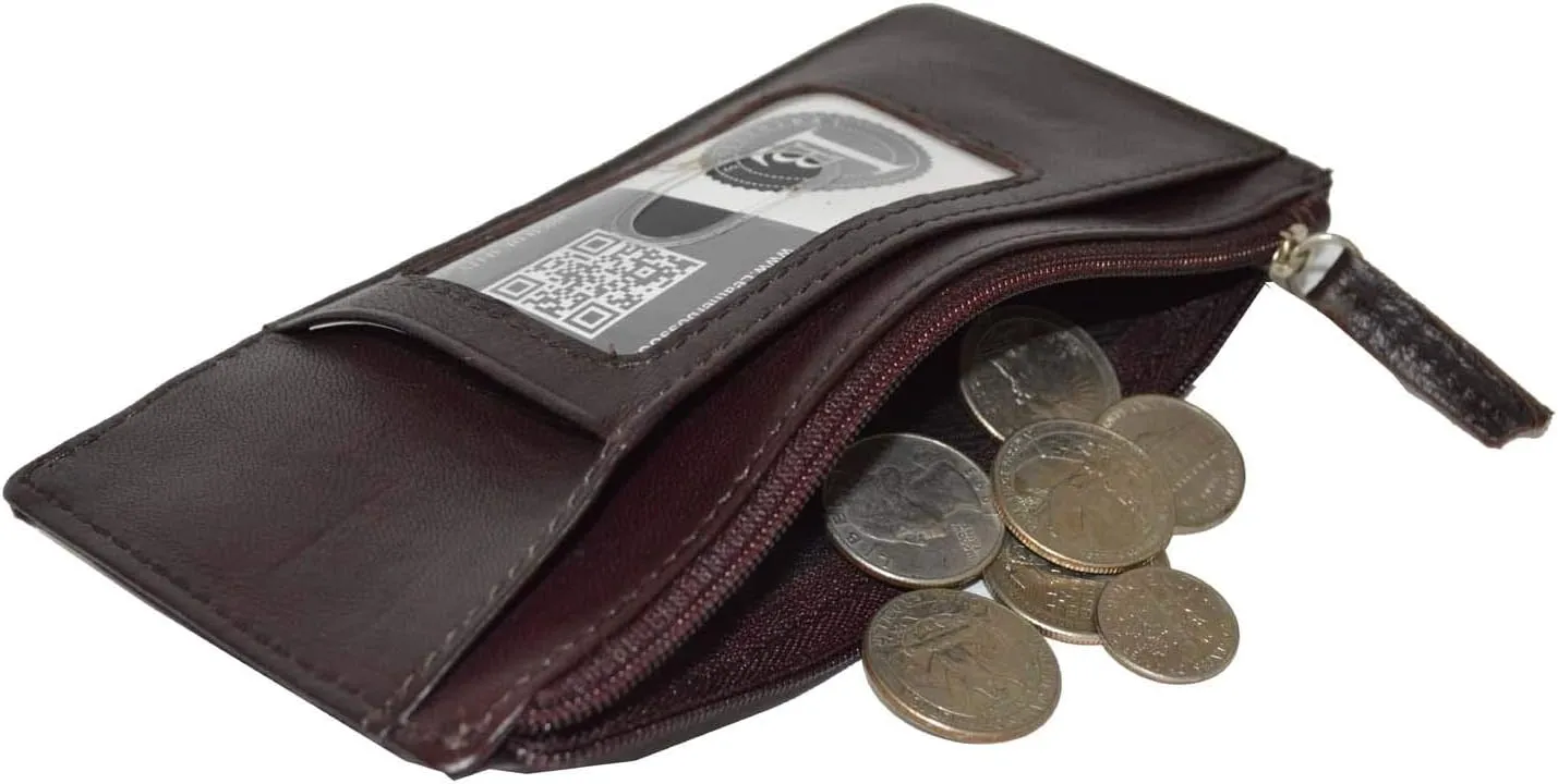 Leatherboss Genuine Leather Women's All in One Credit Business Card Case Holder Slim Zipper Wallet With a Card Protection Strap, Wine