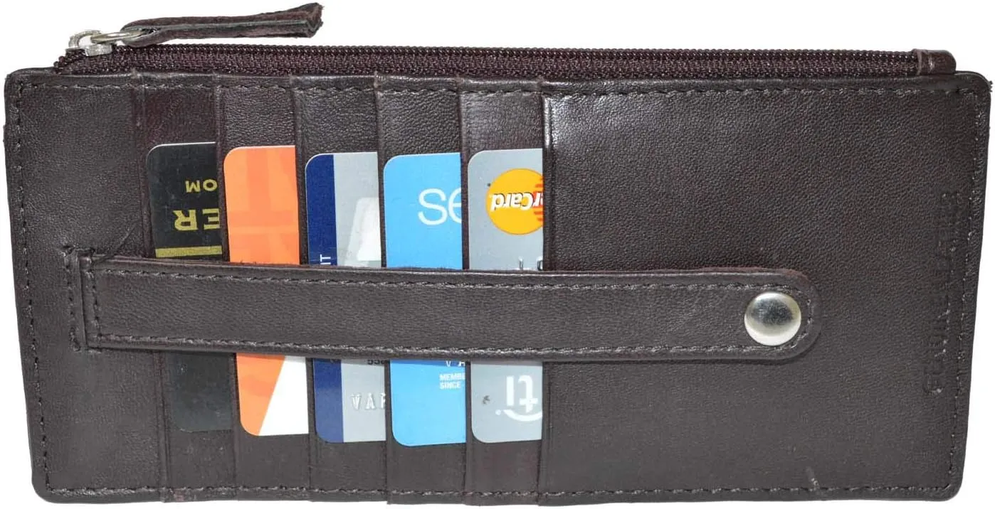Leatherboss Genuine Leather Women's All in One Credit Business Card Case Holder Slim Zipper Wallet With a Card Protection Strap, Wine
