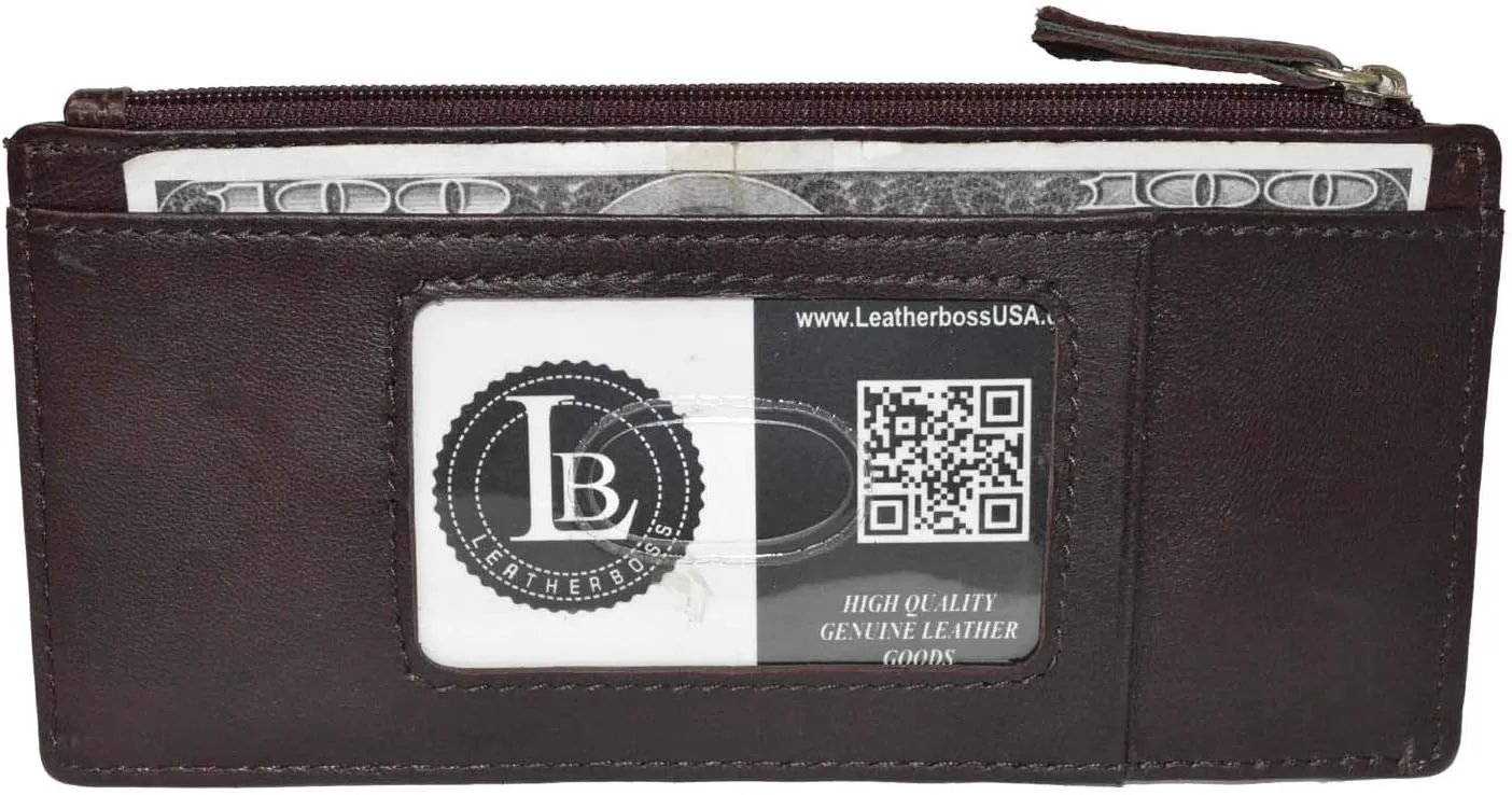 Leatherboss Genuine Leather Women's All in One Credit Business Card Case Holder Slim Zipper Wallet With a Card Protection Strap, Wine