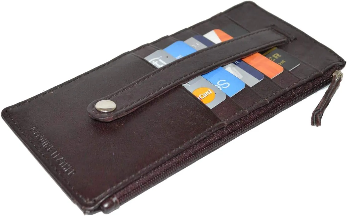 Leatherboss Genuine Leather Women's All in One Credit Business Card Case Holder Slim Zipper Wallet With a Card Protection Strap, Wine