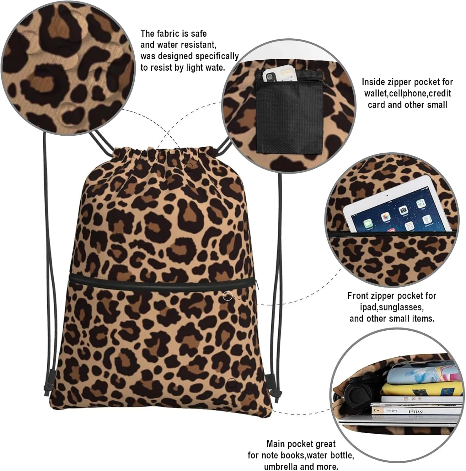 Leopard Printing Drawstring Backpack Bag Sport Gym Sackpack Durable Waterproof Lightweight for Men Women Beach Bag String Bag