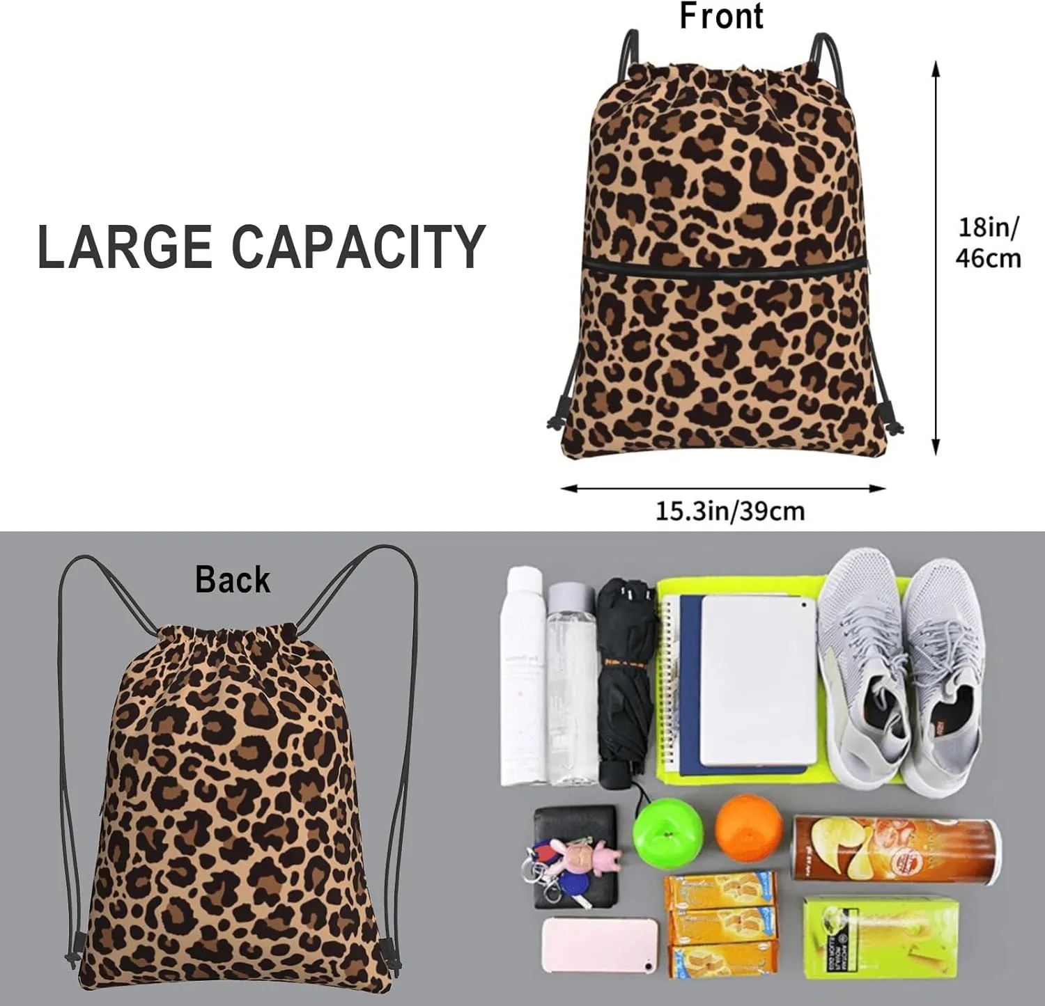 Leopard Printing Drawstring Backpack Bag Sport Gym Sackpack Durable Waterproof Lightweight for Men Women Beach Bag String Bag