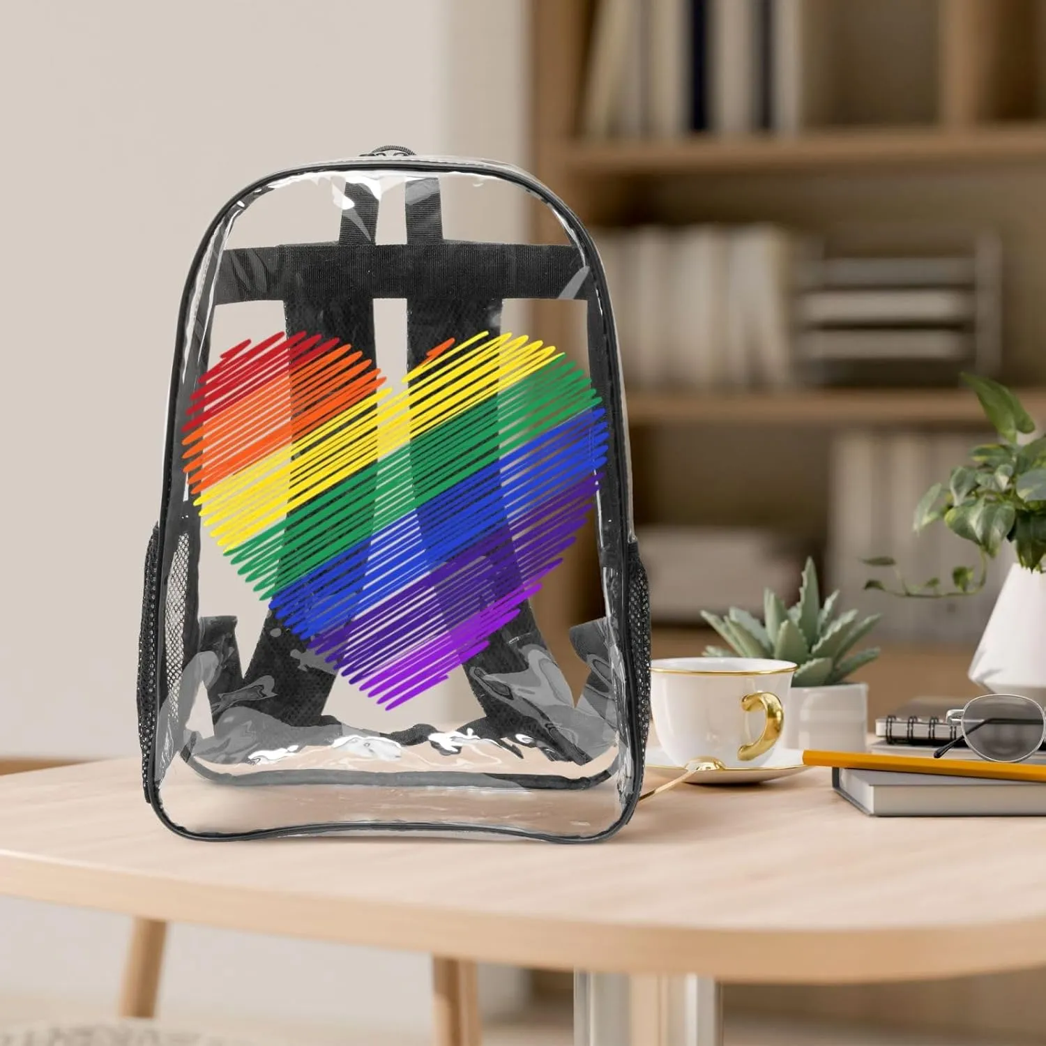 LGBT Pride Rainbow Gay colors heart 16 Inch Clear PVC Backpacks Transparent Backpack Multipurpose Double Shoulder Bag for Men Women Gifts