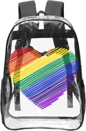 LGBT Pride Rainbow Gay colors heart 16 Inch Clear PVC Backpacks Transparent Backpack Multipurpose Double Shoulder Bag for Men Women Gifts
