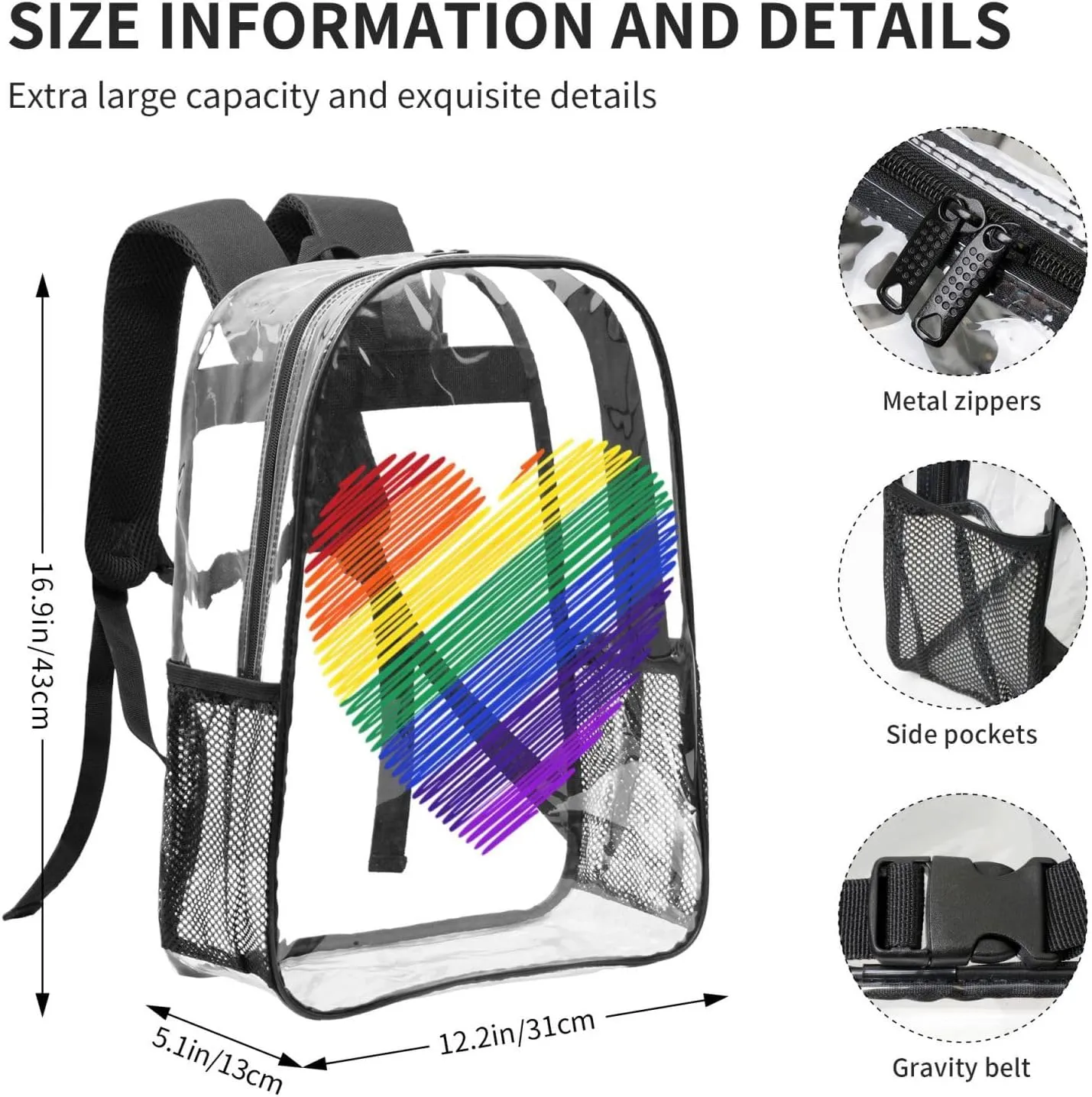 LGBT Pride Rainbow Gay colors heart 16 Inch Clear PVC Backpacks Transparent Backpack Multipurpose Double Shoulder Bag for Men Women Gifts