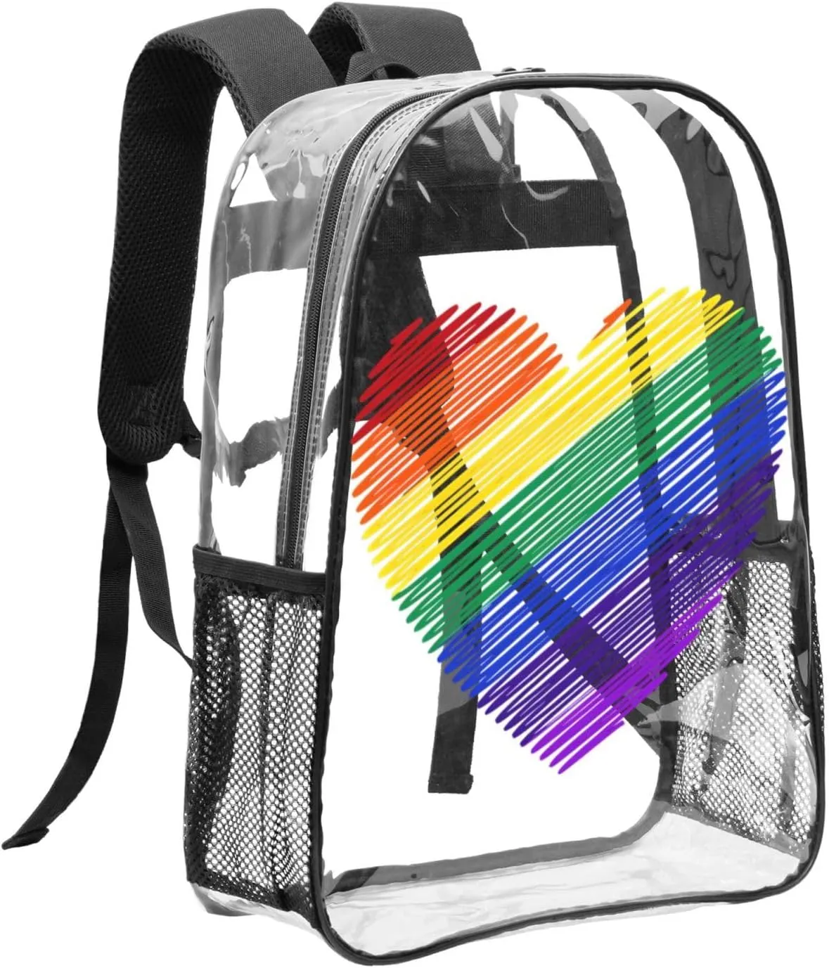 LGBT Pride Rainbow Gay colors heart 16 Inch Clear PVC Backpacks Transparent Backpack Multipurpose Double Shoulder Bag for Men Women Gifts