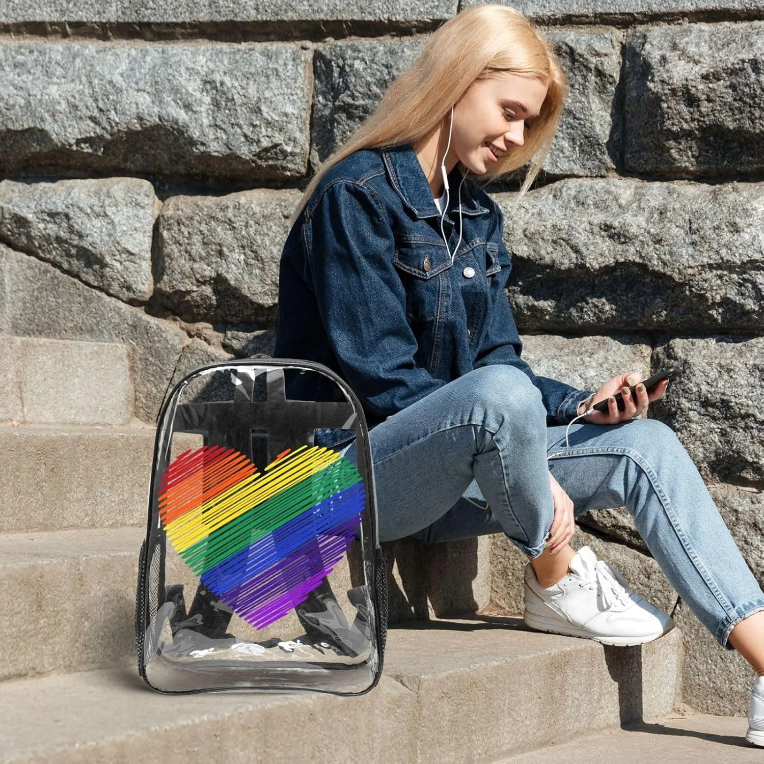 LGBT Pride Rainbow Gay colors heart 16 Inch Clear PVC Backpacks Transparent Backpack Multipurpose Double Shoulder Bag for Men Women Gifts