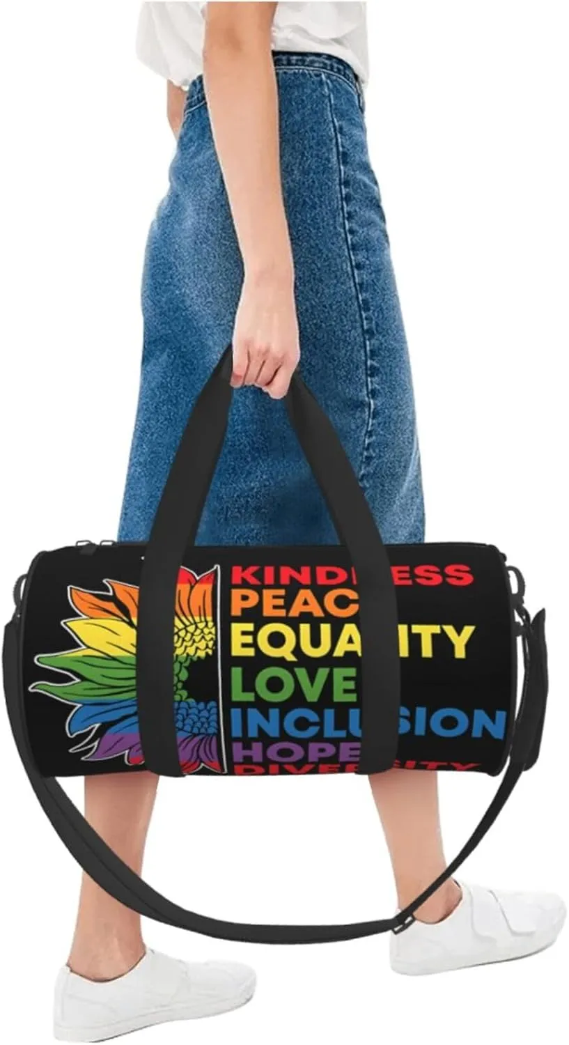 LGBT Pride Rainbow Gay Sunflower Kindness Peace Round Travel Duffel Bag Large Capacity Gym Sports Bags for Hiking Vacation Trips