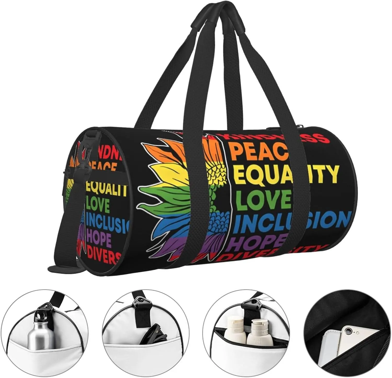 LGBT Pride Rainbow Gay Sunflower Kindness Peace Round Travel Duffel Bag Large Capacity Gym Sports Bags for Hiking Vacation Trips
