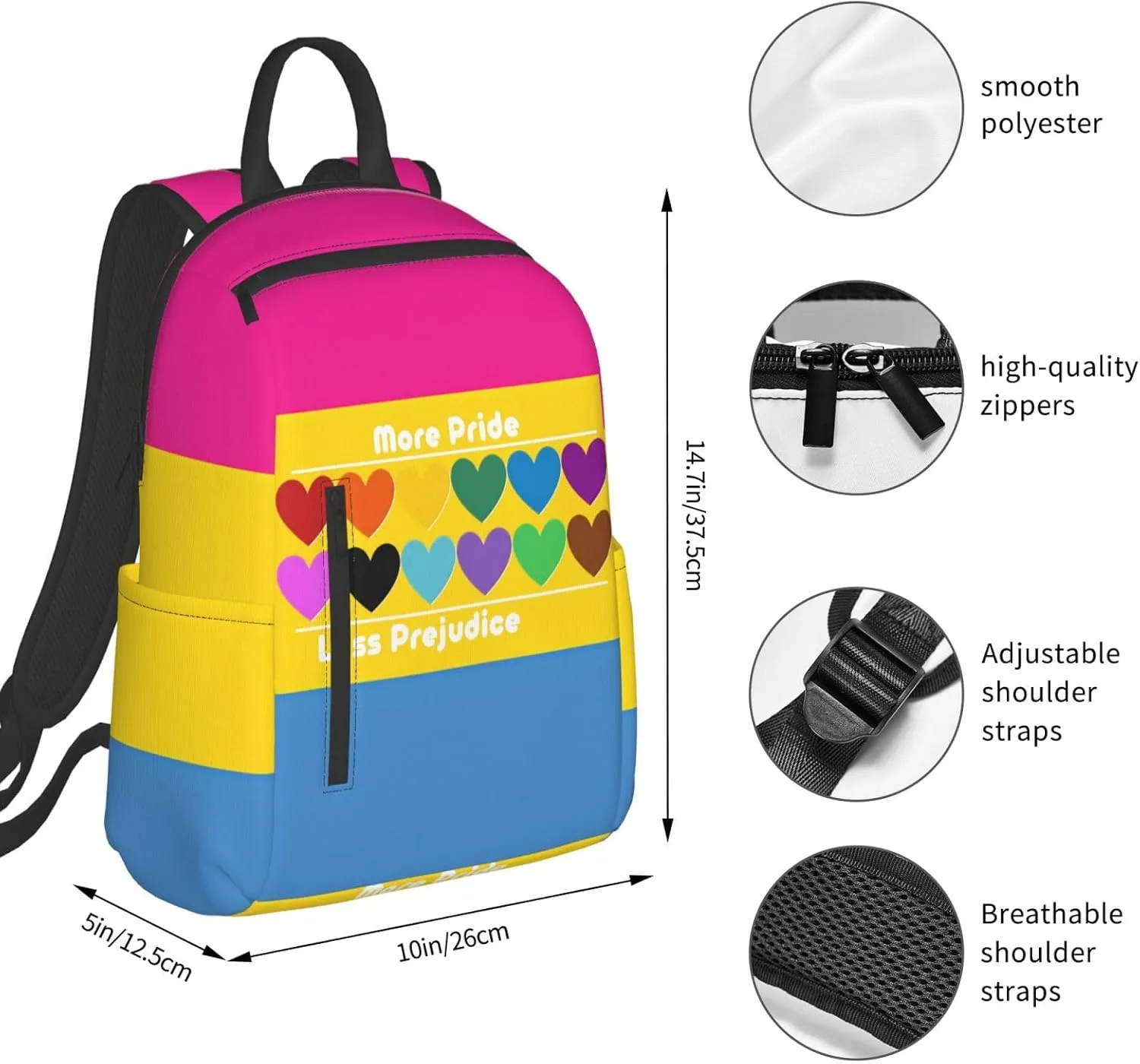 LGBT Rainbow Gay More Pride Less Prejudice Heart Travel Laptop Backpack Casual Backpacks Double Shoulder Daypack Notebook Rucksack Work Bags Sports Bag for Gym Hiking Camping Beach