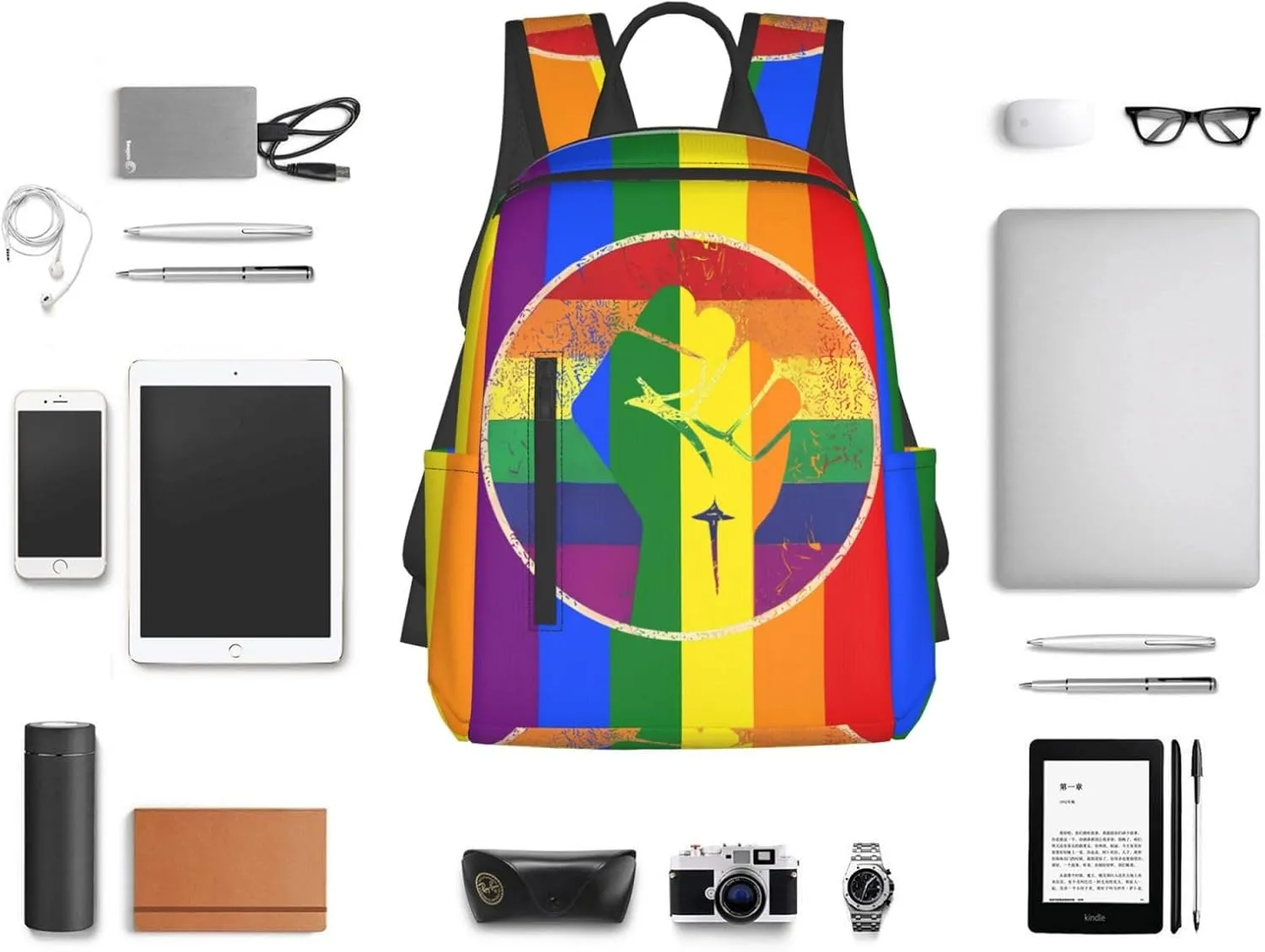 LGBT Rainbow Gay Pride Flag Hand Clenched Fist Support Travel Laptop Backpack Casual Backpacks Double Shoulder Daypack Notebook Rucksack Work Bags Sports Bag for Hiking Camping Beach