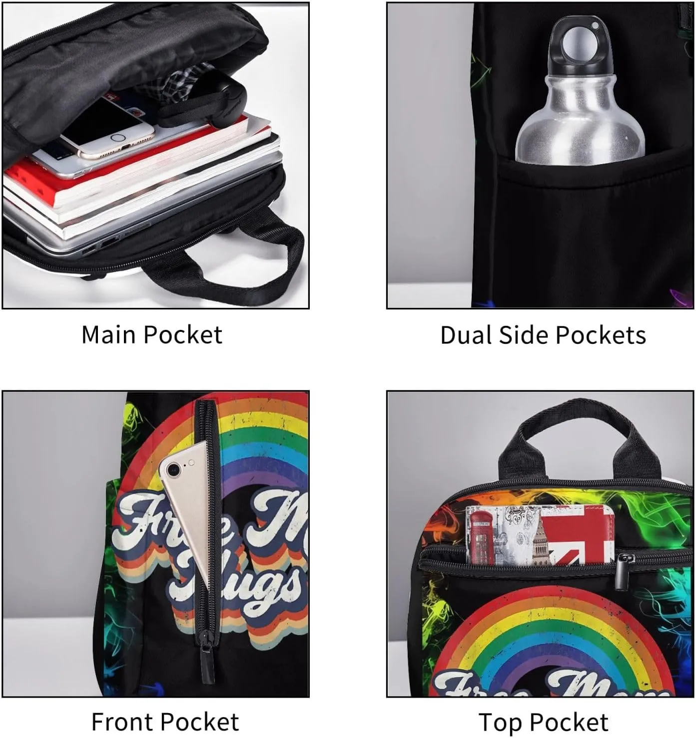LGBT Rainbow Gay Pride Free Mom Hugs Travel Laptop Backpack Casual Backpacks Double Shoulder Daypack Notebook Rucksack Work Bags Sports Bag for Hiking Camping Beach