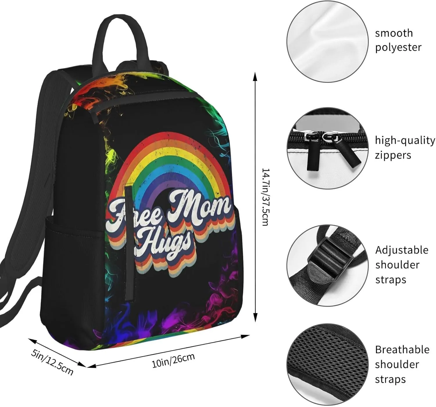 LGBT Rainbow Gay Pride Free Mom Hugs Travel Laptop Backpack Casual Backpacks Double Shoulder Daypack Notebook Rucksack Work Bags Sports Bag for Hiking Camping Beach