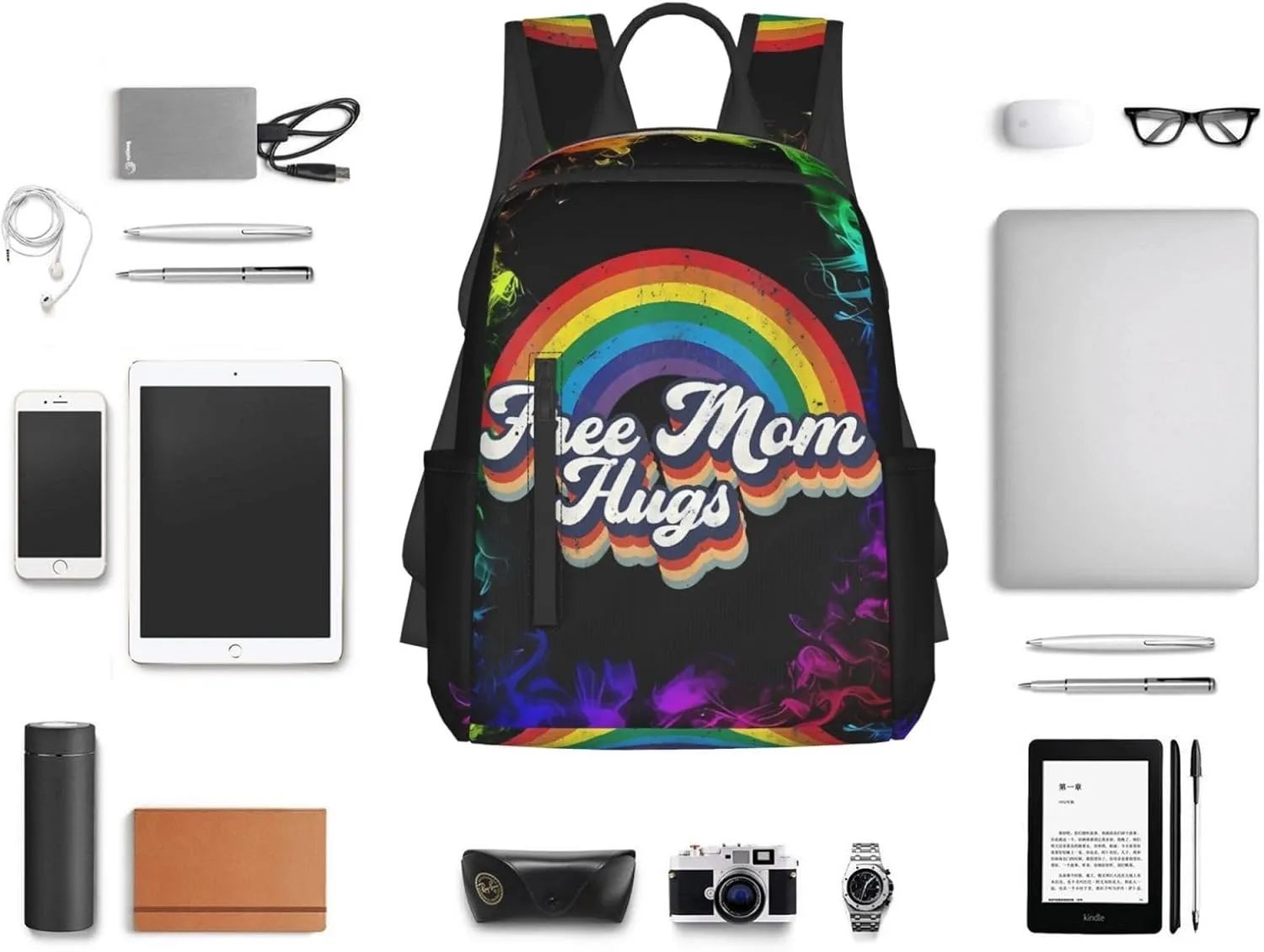 LGBT Rainbow Gay Pride Free Mom Hugs Travel Laptop Backpack Casual Backpacks Double Shoulder Daypack Notebook Rucksack Work Bags Sports Bag for Hiking Camping Beach