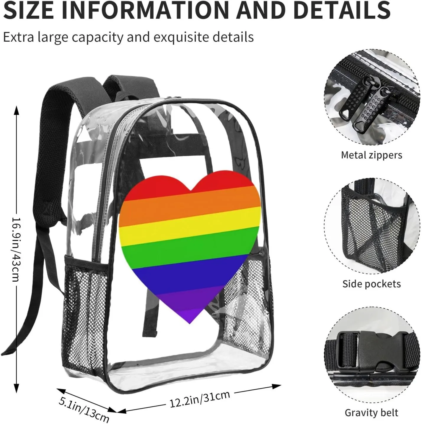 LGBT rainbow heart pride flag 16 Inch Clear PVC Backpacks Transparent Backpack Multipurpose Double Shoulder Bag for Men Women Gifts
