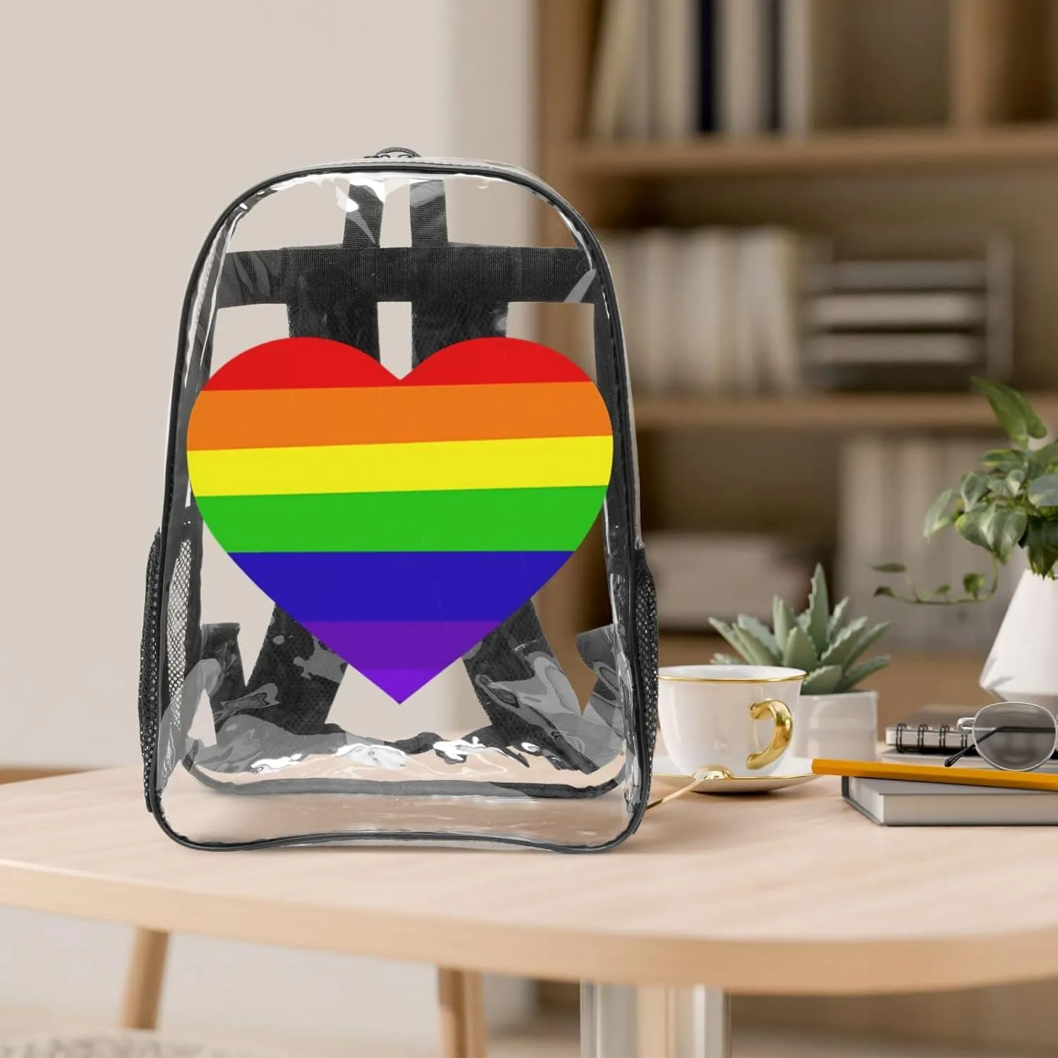 LGBT rainbow heart pride flag 16 Inch Clear PVC Backpacks Transparent Backpack Multipurpose Double Shoulder Bag for Men Women Gifts