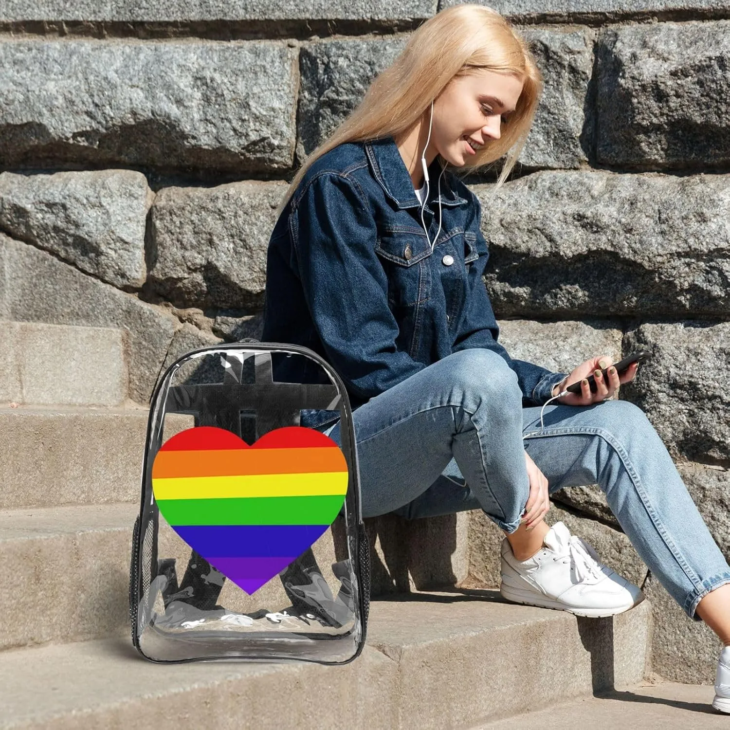 LGBT rainbow heart pride flag 16 Inch Clear PVC Backpacks Transparent Backpack Multipurpose Double Shoulder Bag for Men Women Gifts