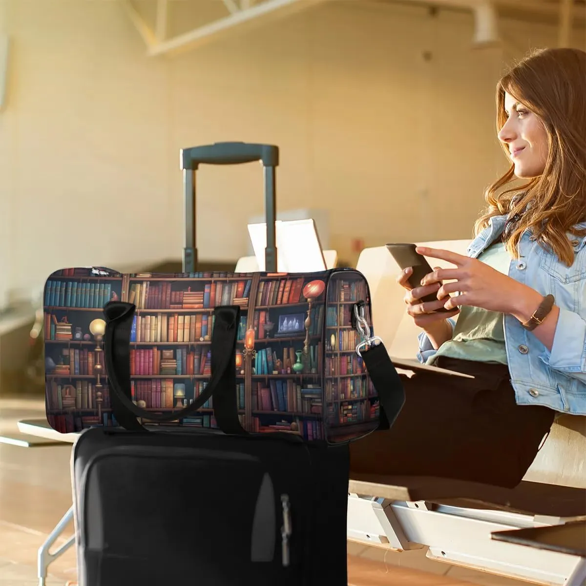 Library Book Shelf Travel Duffel Bag for Women Men Waterproof Foldable Overnight Weekender Bag Large Capacity Sports Gym Bag