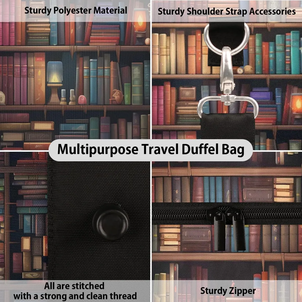 Library Book Shelf Travel Duffel Bag for Women Men Waterproof Foldable Overnight Weekender Bag Large Capacity Sports Gym Bag