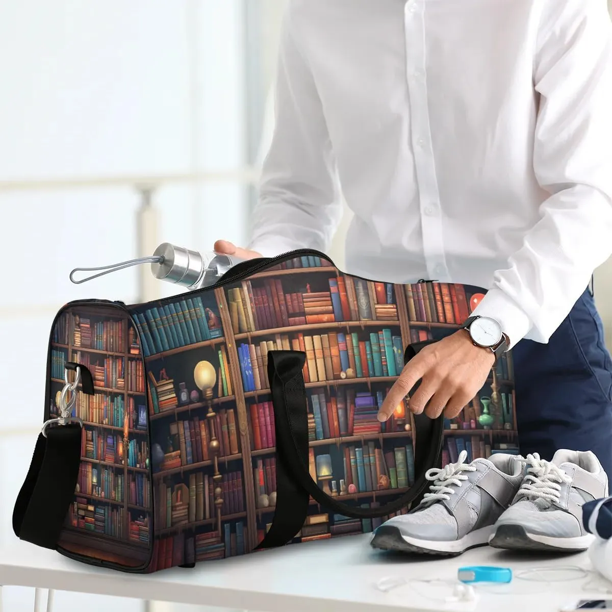 Library Book Shelf Travel Duffel Bag for Women Men Waterproof Foldable Overnight Weekender Bag Large Capacity Sports Gym Bag