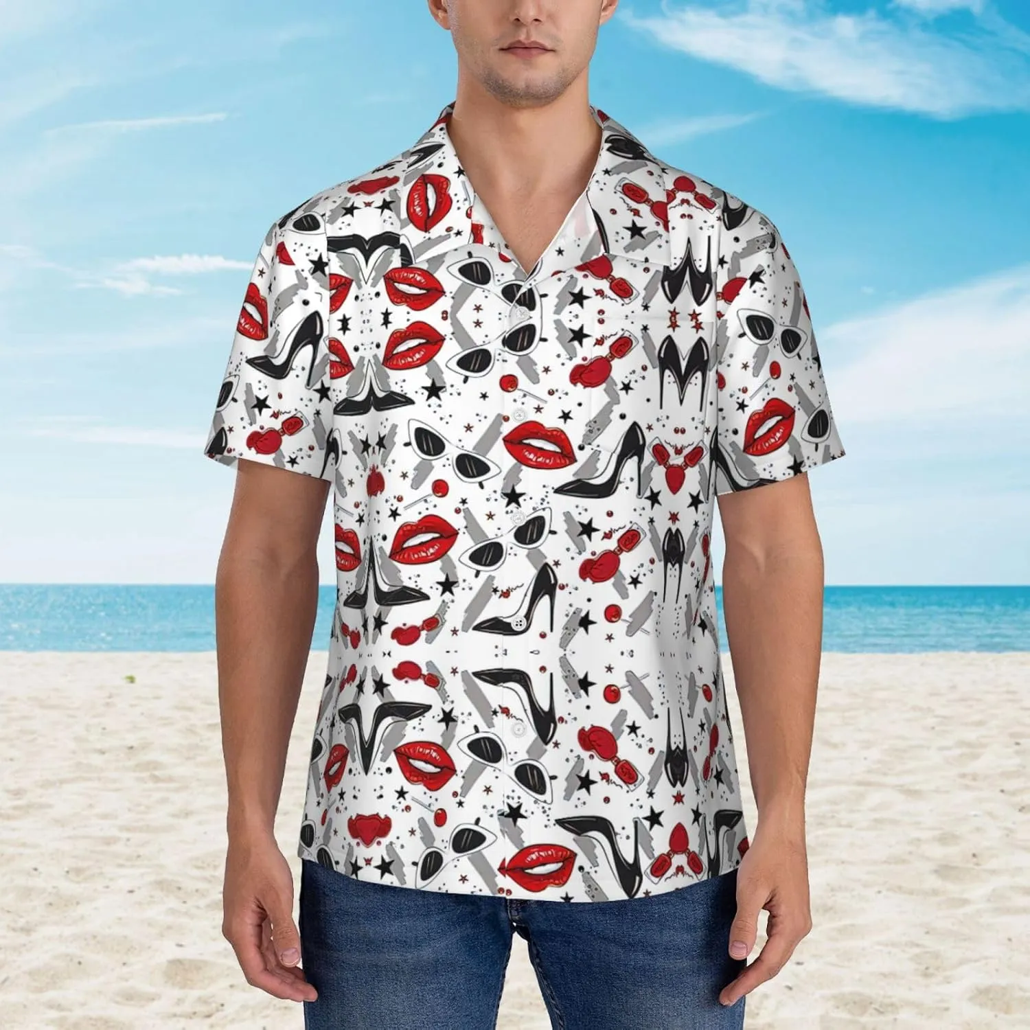 Lips High Heels Printed Hawaiian Shirts – Funky Tropical Summer Outfits – Retro Beach Wear for Men